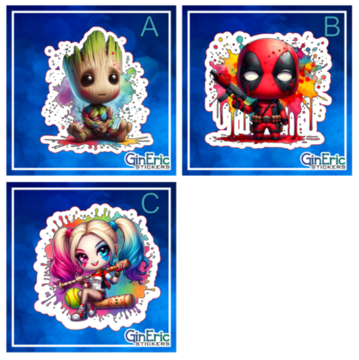 Deadpool Harley Quinn Groot Marvel Variety Weatherproof Sticker
